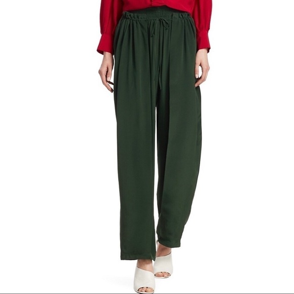 Sea Solange Dark Green Smocked-Waist Silk Pants